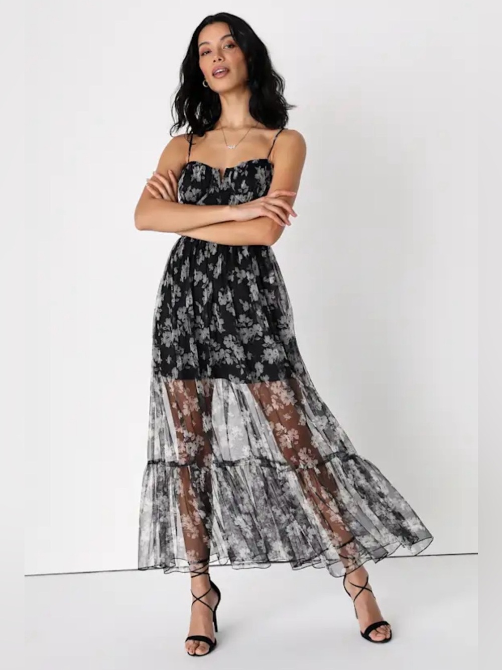 NWT Lulu’s Everlasting Chic Black Floral Print Tulle Bustier Maxi Dress Sz M